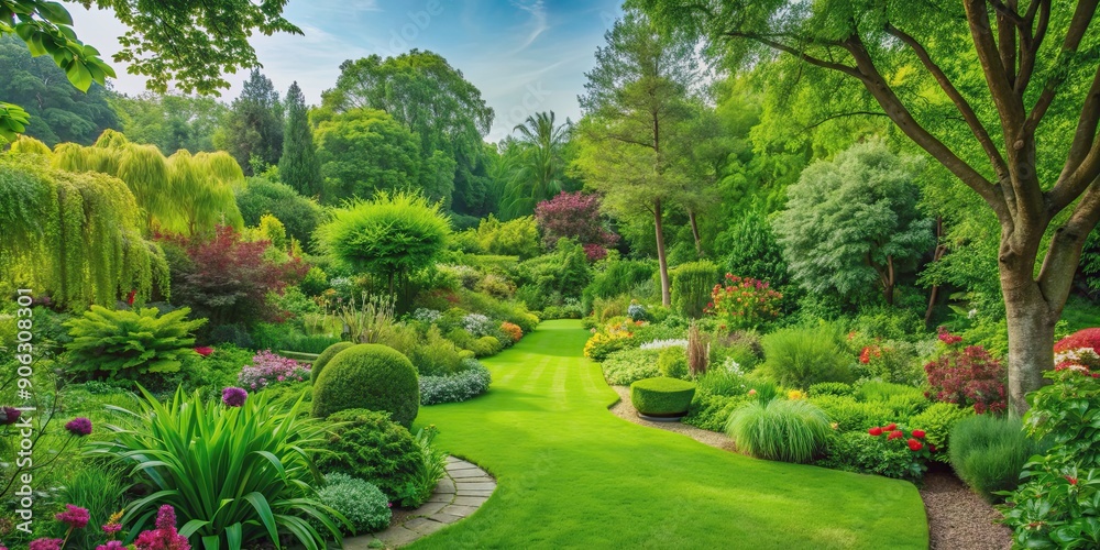 Obraz premium Lush green plants in a vibrant garden setting, garden, background, plants, greenery, foliage, nature, outdoor, growth