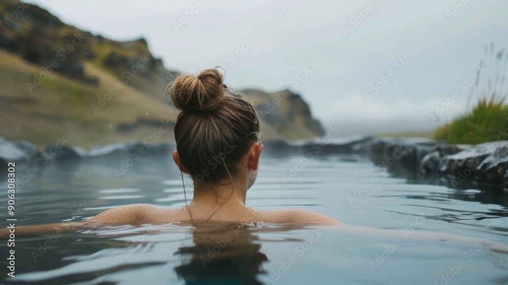 A person relaxes in geothermal waters, enveloped by stunning mountainous scenery and a calm atmosphere A person relaxes in geothermal waters, enveloped by stunning mountainous scenery and a calm atmosphere