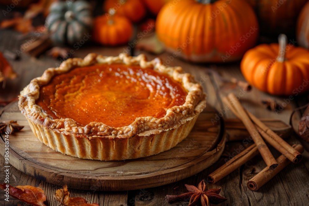 Pumpkin pie with an amber color, on the table surrounded by pumpkins and cinnamon sticks Pumpkin pie with an amber color, on the table surrounded by pumpkins and cinnamon sticks