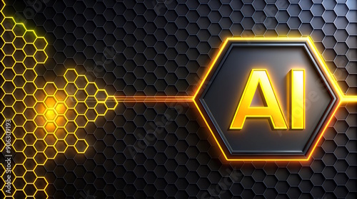Yellow AI text glowing on futuristic  hexagon background, digital artificial intelligence banner. 