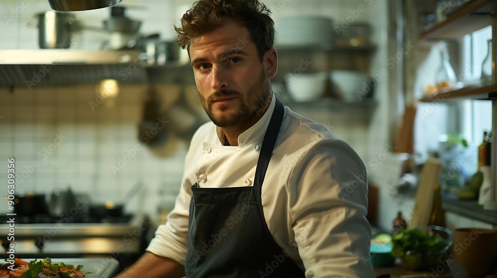 Fototapeta premium Man in chef apron cooking on kitchen : Generative AI