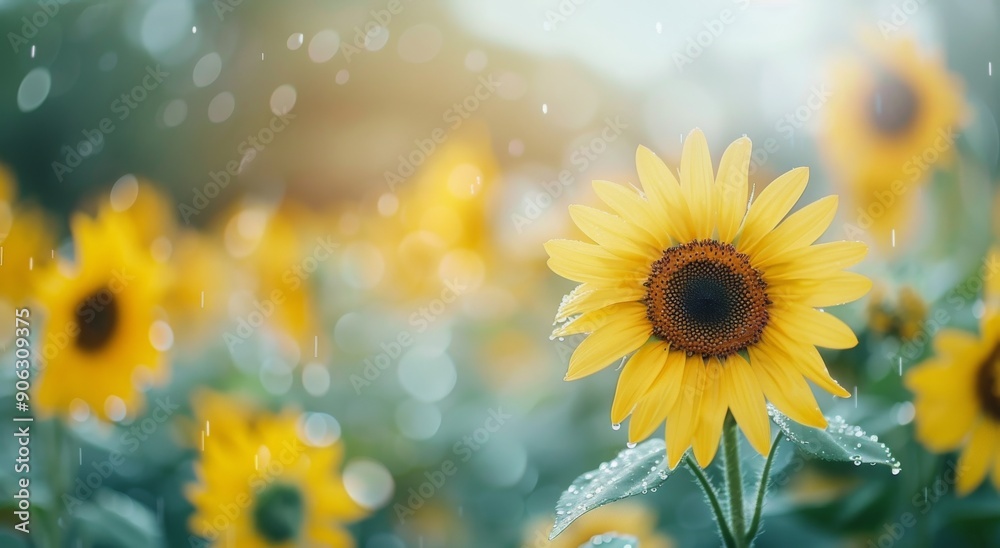 Sunflowers in Bloom Under Soft Morning Light With Dew Drops Sunflowers in Bloom Under Soft Morning Light With Dew Drops