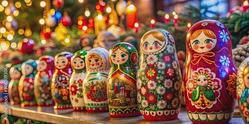 Matryoshka nesting dolls displayed at a festive Christmas market , Russian, tradition, hand-painted, wooden, holiday