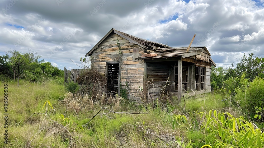 Dilapidated Wooden Shack with Broken Roof and Door, Surrounded by Overgrown Grass and Weeds Under a Cloudy Sky Dilapidated Wooden Shack with Broken Roof and Door, Surrounded by Overgrown Grass and Weeds Under a Cloudy Sky