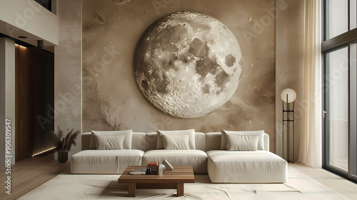 A modern living room with a large moon mural on the wall. The room has a white sectional sofa, a wooden coffee table, and a floor lamp with a round shade. The colors in the room are neutral and calmin photo