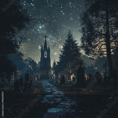 Generative AI Artwork: Dark and Mysterious Cemetery at Halloween