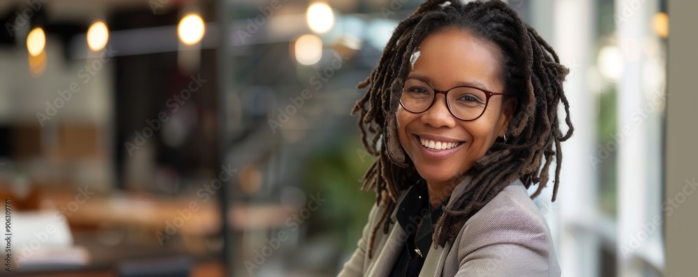 Woman with dreadlocks smiling at the camera. Portrait in a work environment. Free copy space for text. Woman with dreadlocks smiling at the camera. Portrait in a work environment. Free copy space for text.