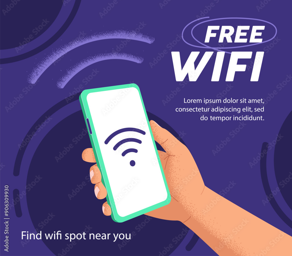 Design of card with information about available hotspot of free WIFI. Person holds mobile phone in hand, searches internet access, connects by smartphone in WI FI zone. Flat vector illustration