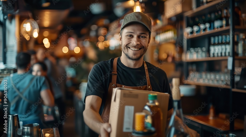 A restaurant worker eagerly receives a delivery of beverages from a supplier showcasing the moment of anticipation as the boxes are brought into the establishment : Generative AI A restaurant worker eagerly receives a delivery of beverages from a supplier showcasing the moment of anticipation as the boxes are brought into the establishment : Generative AI