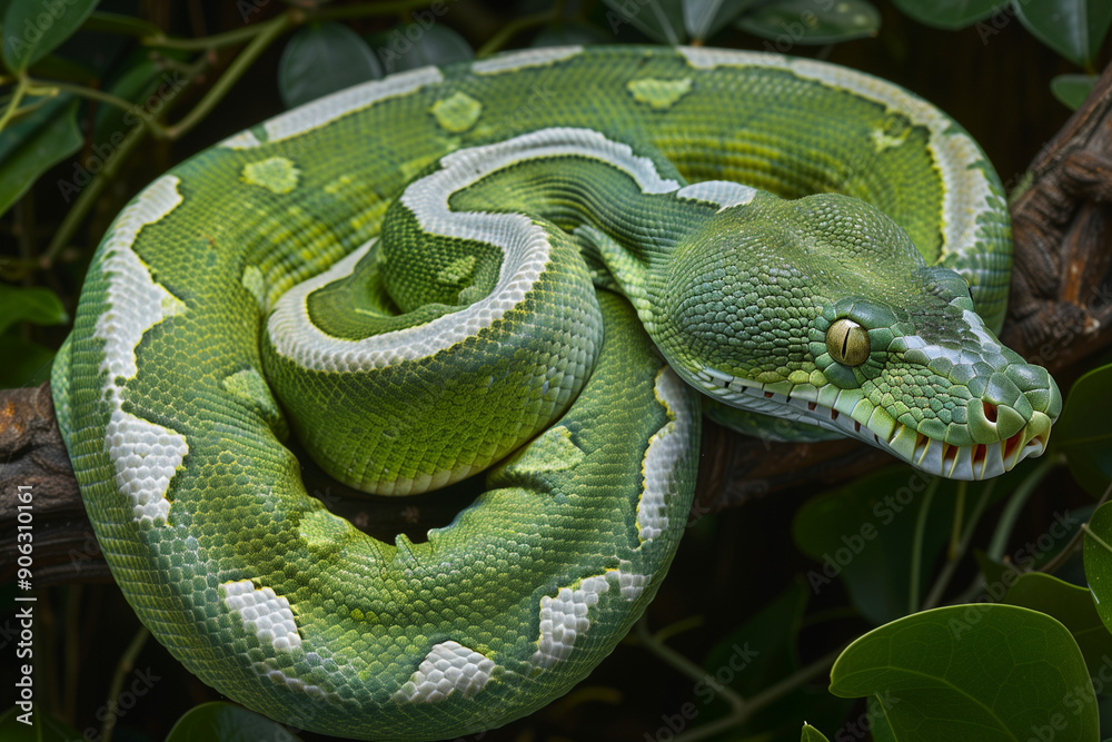 green and white snake is curled up on a branch. The snake is small and he is resting green and white snake is curled up on a branch. The snake is small and he is resting