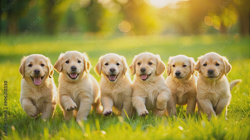 Golden Retriever puppies playing in a vibrant green field on a sunny day , Golden Retriever, puppies, frolicking, lush, green Golden Retriever puppies playing in a vibrant green field on a sunny day , Golden Retriever, puppies, frolicking, lush, green