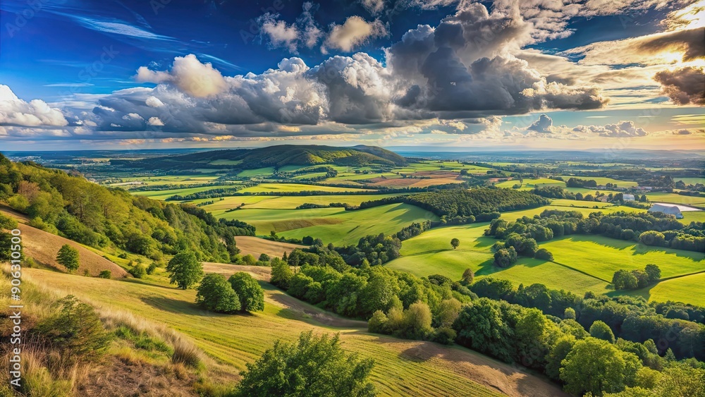 Panoramic view of a beautiful landscape from the top of a hill , nature, scenery, mountains, horizon, sky, clouds Panoramic view of a beautiful landscape from the top of a hill , nature, scenery, mountains, horizon, sky, clouds