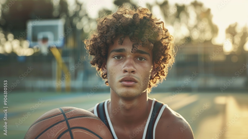 Young Man with Basketball on Court Young Man with Basketball on Court
