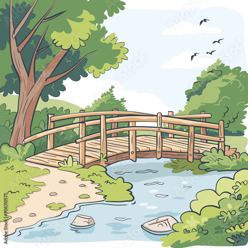 Wooden bridge over river lush green park, clear sky birds flying, tranquil nature scene. Cartoon style wooden footbridge surrounded trees, shrubs river stones, peaceful outdoor landscape. Serene