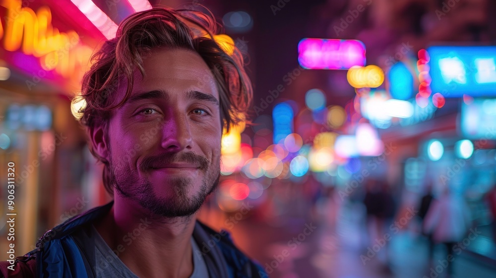 Man enjoying neon-filled night city street scenery Man enjoying neon-filled night city street scenery