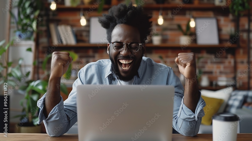 Ecstatic male professional celebrating success in front of laptop at home : Generative AI Ecstatic male professional celebrating success in front of laptop at home : Generative AI