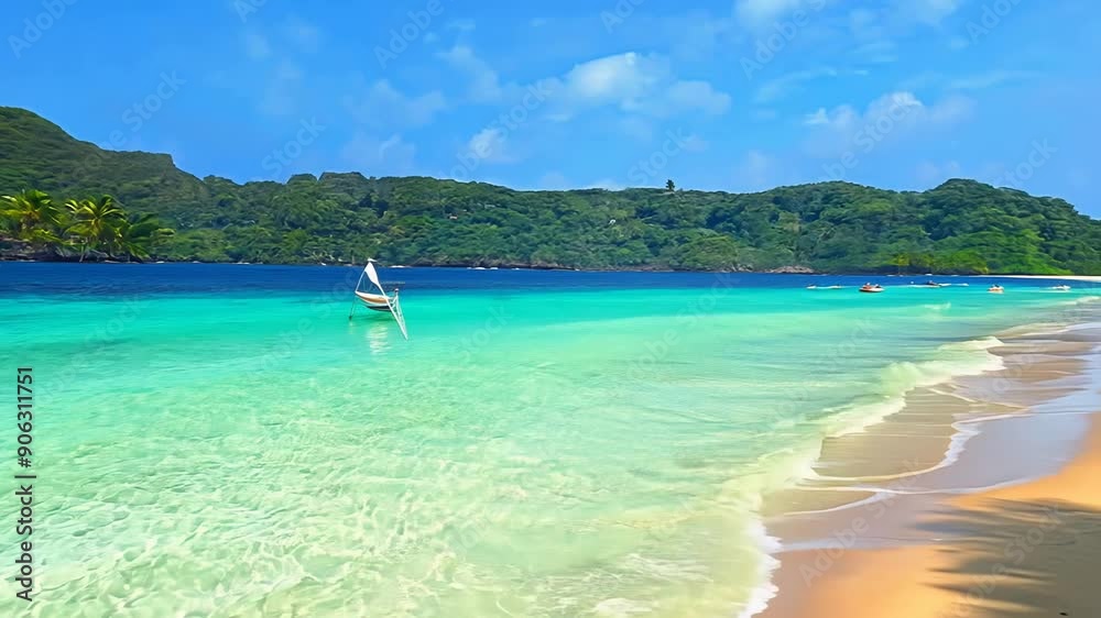 Enjoy the serene beauty of a tropical beach with clear water and lush greenery Enjoy the serene beauty of a tropical beach with clear water and lush greenery