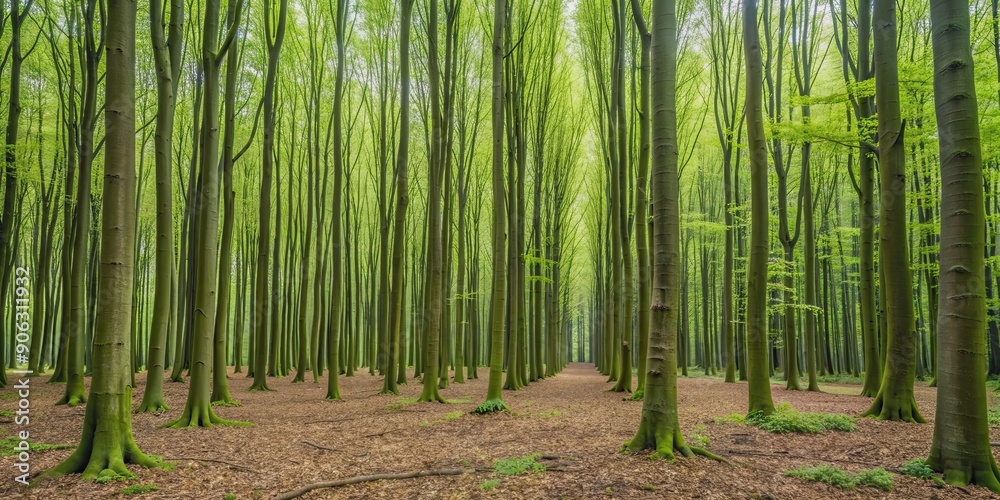 Fototapeta premium Dense hornbeam forest with thin and long stems , Hornbeam, forest, trees, dense, nature, greenery, tranquil, peaceful, foliage