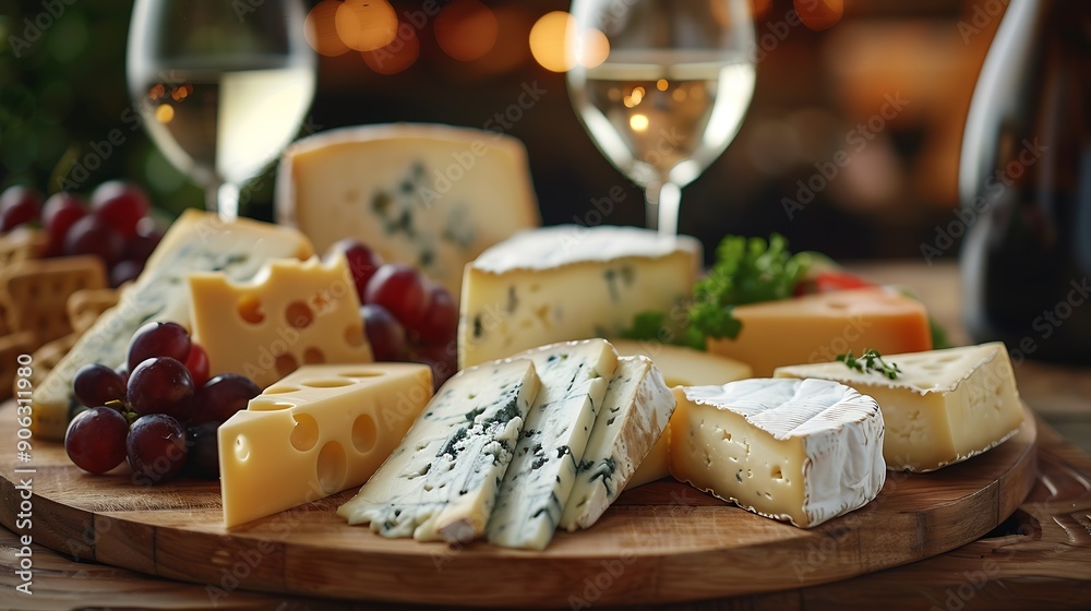 Various cheese on board red and white wine With copy space : Generative AI Various cheese on board red and white wine With copy space : Generative AI