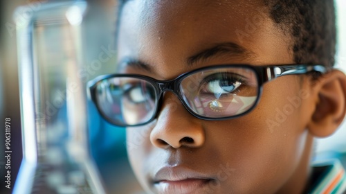 Close-up portrait of a young boy wearing glasses, looking intently.