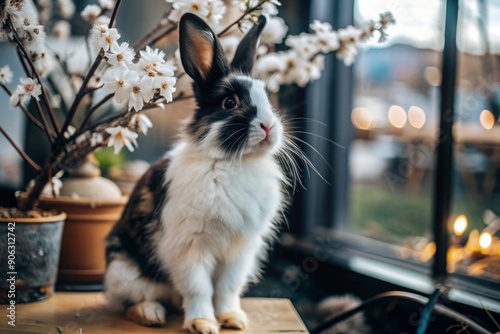 A small, fluffy white and black rabbit as a pet in the interior of the apartment. The New Year of the rabbit. photo