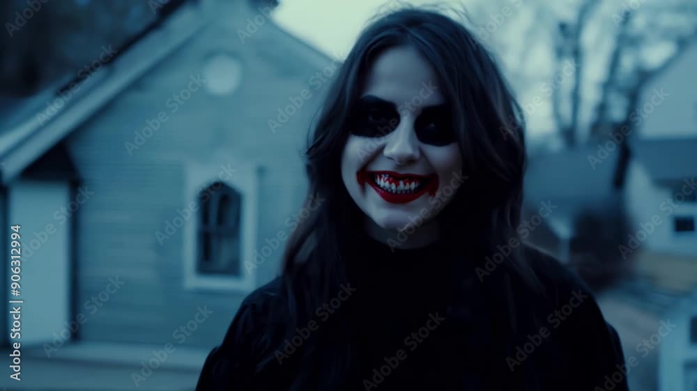 A spooky character with striking makeup roams a quiet neighborhood as dusk falls A spooky character with striking makeup roams a quiet neighborhood as dusk falls