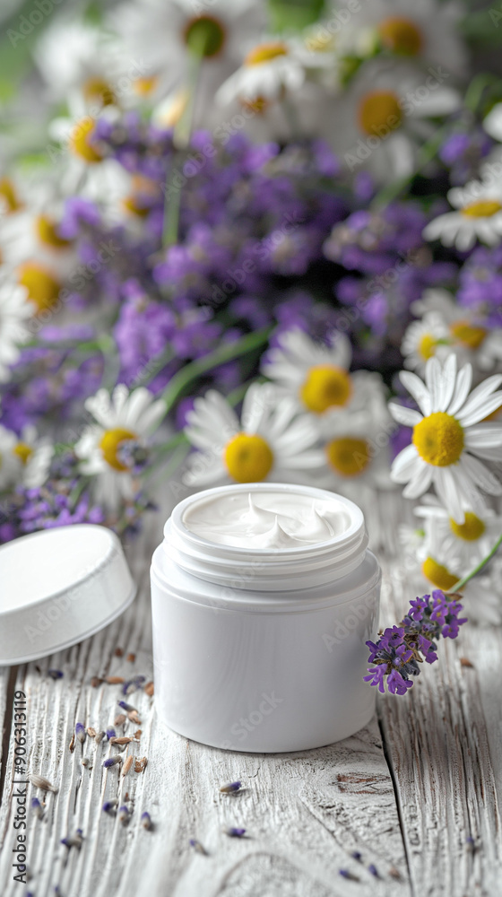 Mockup of a jar with cream stands on a wooden table. Smooth white jar is filled with white cream. Eco style - chamomile and lavender flowers. skin care, body, face. There is an empty space for text. Mockup of a jar with cream stands on a wooden table. Smooth white jar is filled with white cream. Eco style - chamomile and lavender flowers. skin care, body, face. There is an empty space for text.