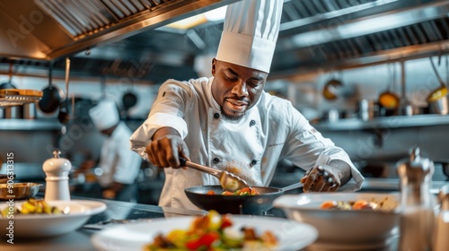 A chef in a white uniform stirs a pan of food in a busy kitchen.