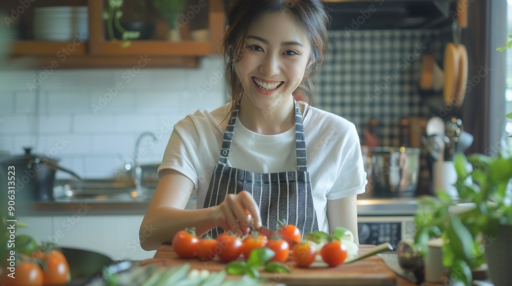 A beautiful happy young Asian woman cutting a tomato on a cutting board preparing ingredients for her healthy salad enjoying cooking in the kitchen home cooking domestic life healthy e : Generative AI A beautiful happy young Asian woman cutting a tomato on a cutting board preparing ingredients for her healthy salad enjoying cooking in the kitchen home cooking domestic life healthy e : Generative AI