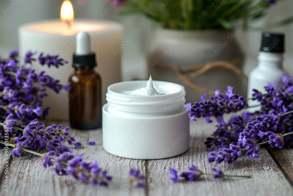 Mockup of a jar with cream is on a wooden table. Smooth white jar is filled with white cream. Eco-style - lavender flowers, oils. There is an empty space for text. Mockup of a jar with cream is on a wooden table. Smooth white jar is filled with white cream. Eco-style - lavender flowers, oils. There is an empty space for text.