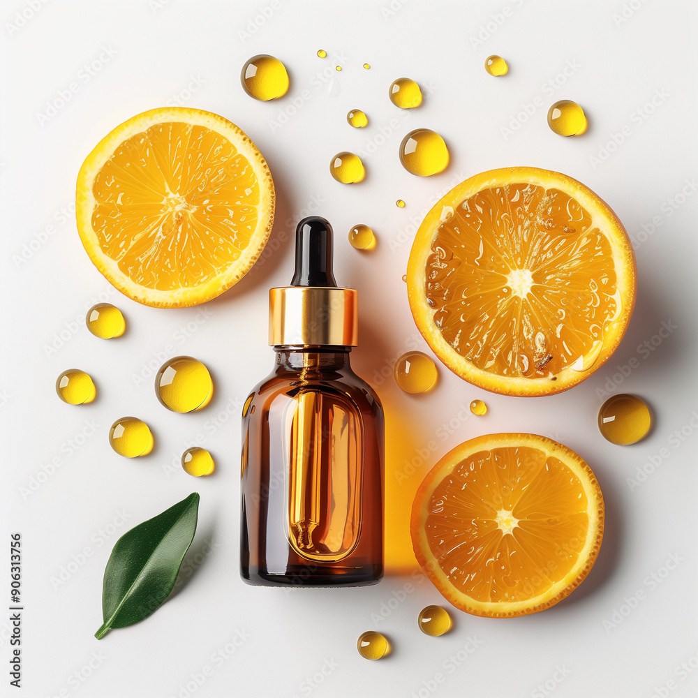 Bright Citrus Essential Oil Dropper Bottle Surrounded by Fresh Oranges and Oil Droplets Bright Citrus Essential Oil Dropper Bottle Surrounded by Fresh Oranges and Oil Droplets