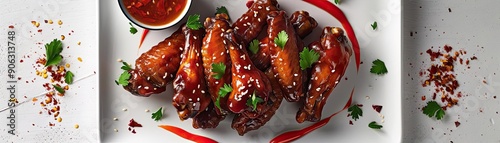 Deliciously glazed chicken wings garnished with herbs, served with a zesty dipping sauce on a white plate.