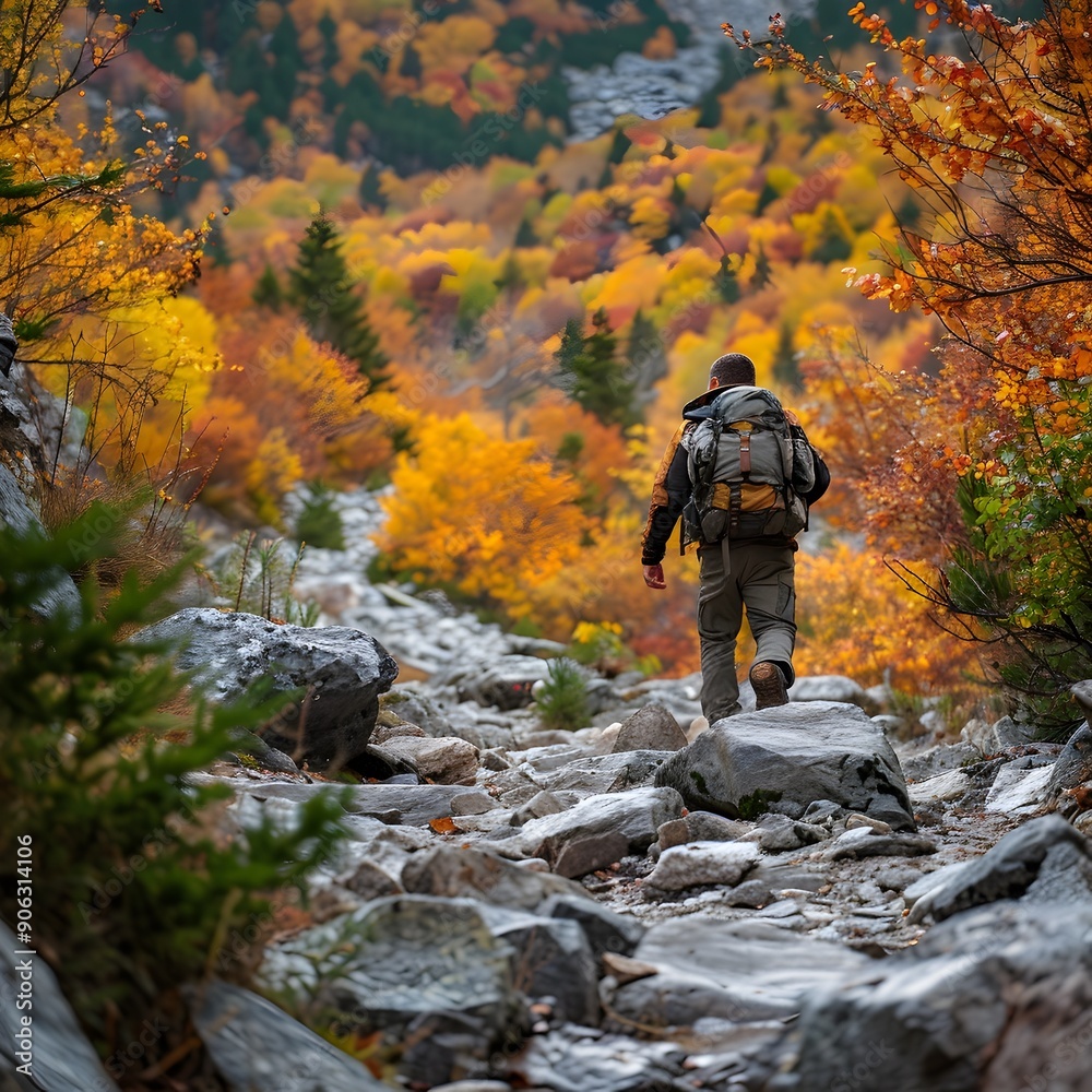 Hiker Trekking on Autumn Trail Amid Vibrant Foliage Landscape Hiker Trekking on Autumn Trail Amid Vibrant Foliage Landscape