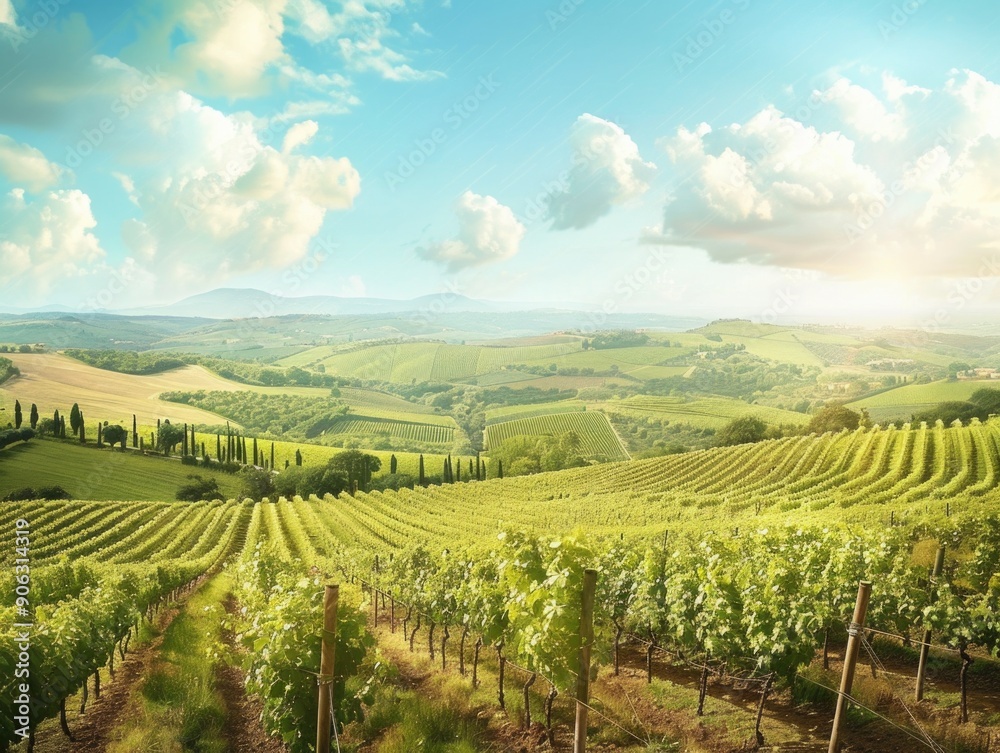 Naklejka premium Vineyard landscape with grapevines