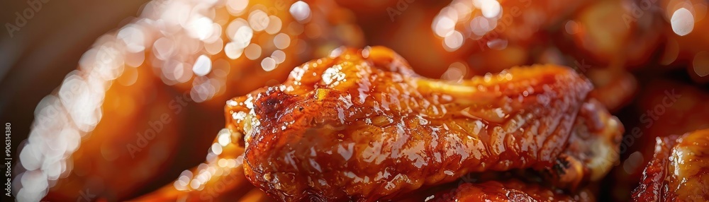 Close-up of delicious, crispy chicken wing coated in savory sauce, perfect for hungry diners and snack lovers alike. Close-up of delicious, crispy chicken wing coated in savory sauce, perfect for hungry diners and snack lovers alike.