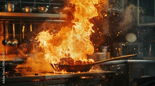 Flames Erupting from a Pan in a Restaurant Kitchen