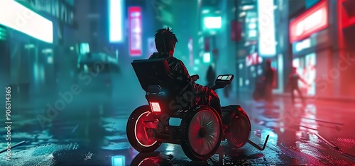 Disabled person using futuristic mobility aids to navigate an accessible transportation network in a dystopian future photo