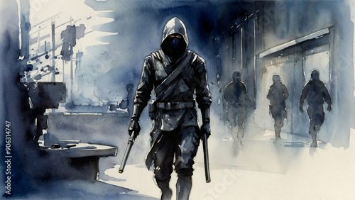 Watercolor Painting: Futuristic ninja stealth mission, cloaked in shadows, high-tech gadgets