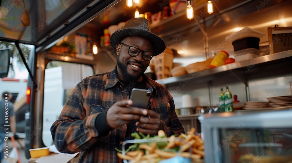Obraz premium Black man making payment with smartphone in food truck : Generative AI