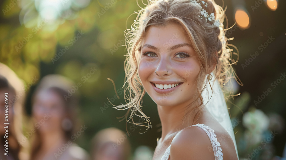 Attractive happy smiling bride in white wedding dress, young girl at a wedding close-up Joyful moment of happiness Attractive happy smiling bride in white wedding dress, young girl at a wedding close-up Joyful moment of happiness