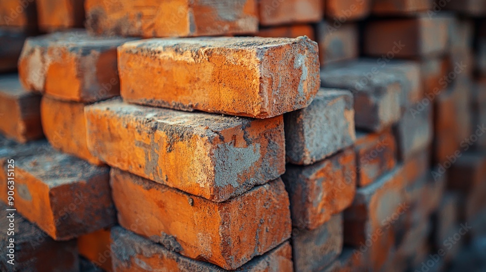 Red bricks stacked at a construction site, close-up. The bare brick walls of an unworthy house. The doorway is closed with polythene film Red bricks stacked at a construction site, close-up. The bare brick walls of an unworthy house. The doorway is closed with polythene film