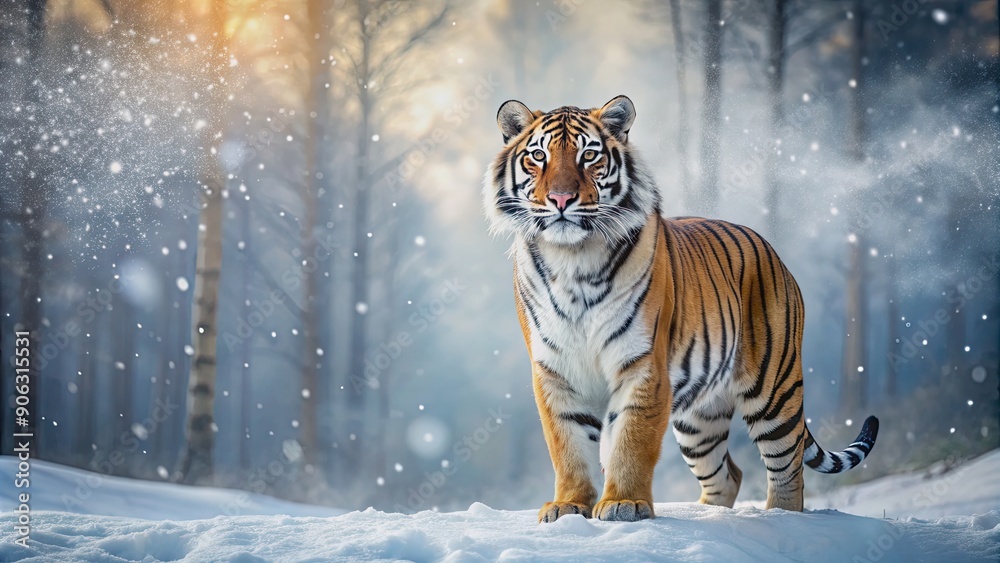 Obraz premium Beautiful tiger standing in a snowy forest, with snowflakes falling gently around it , tiger, beautiful, snowfall, forest