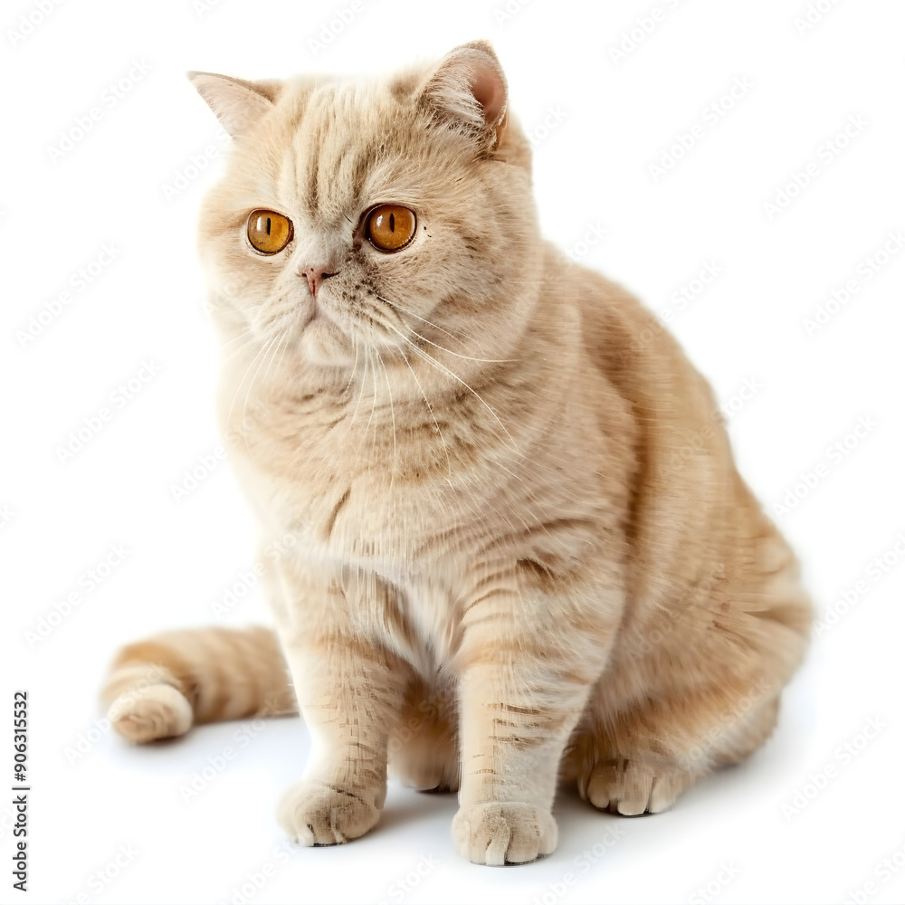 Fototapeta premium Beautiful cream colored cat with striking orange eyes is sitting on a white background