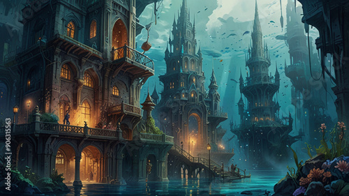 Watercolor Painting: Immersive and imaginative anime art of a fantastical underwater city, inhabited by merfolk and marine creatures. photo