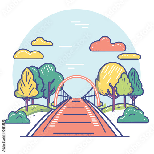 Colorful landscape vector illustration, serene outdoor scene road leading over bridge trees clouds. Pastel daytime countryside road trip cartoon artwork, tranquil nature environment bridge. Graphic