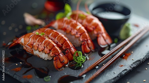 Explore culinary art with three uncooked lobster tails elegantly displayed alongside chopsticks and a sushi folder promising a blend of exquisite flavor and cultural fusion soya and ch : Generative AI