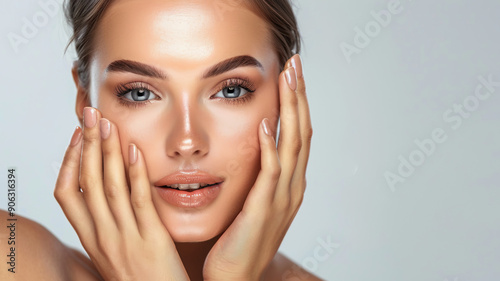 Makeup on the face of a beautiful model, close-up demonstration