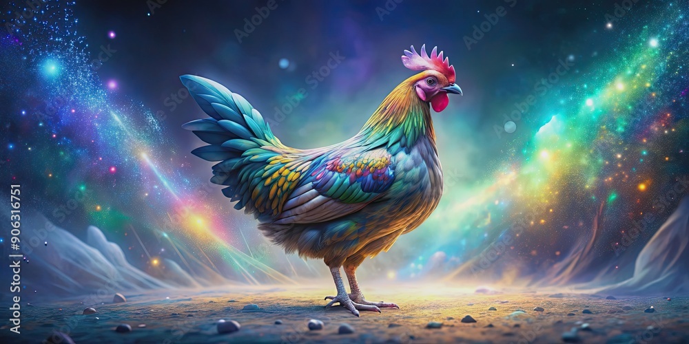 A magnificent hen with iridescent plumage stands amidst an abstract dreamscape, surreal lighting accentuating its beauty A magnificent hen with iridescent plumage stands amidst an abstract dreamscape, surreal lighting accentuating its beauty