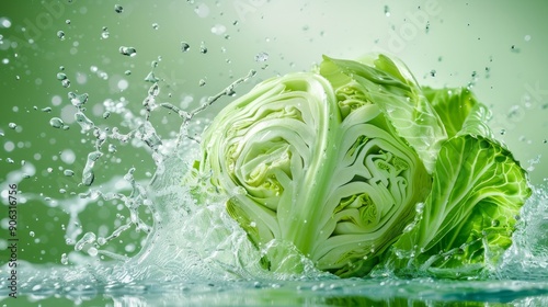 Freshy cabbage with water splash flying in the air isolated on black background, Vegetable washing photo