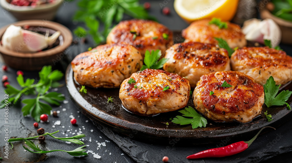 A close-up of delicious Appetizing meat cutlets on the table with greens A close-up of delicious Appetizing meat cutlets on the table with greens